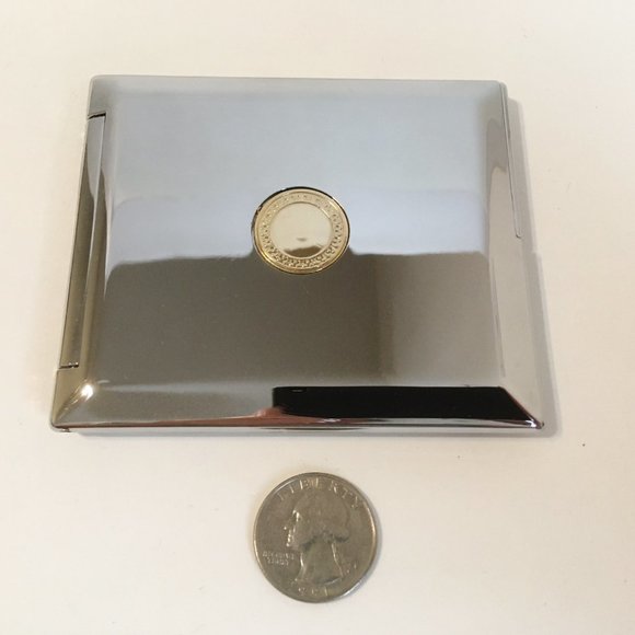 Compact Makeup Mirror Gold Inlay Silver Tone Metal - Picture 5 of 7